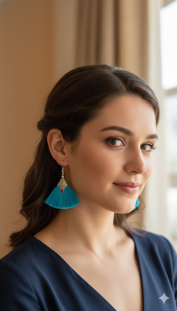 El Regalo Tribal Boho Tassel Earrings for Women & Girls | Oxidised Silver Finished Silk Thread Dangle & Drop Earrings | Handcrafted Bohemian Statement Jewellery for Ethnic, Western & Fusion Clothes (Sky Blue)