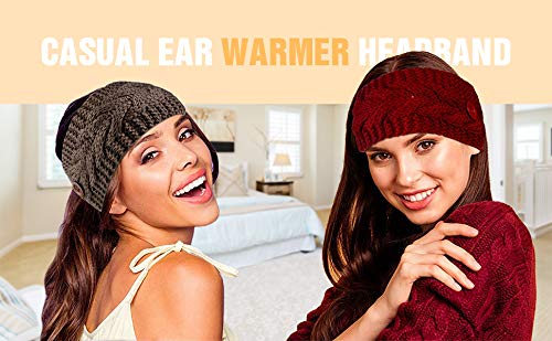 El Regalo 2 PCs Knitted Winter Woolen Warm Headband with Buttons for Face Mask Cover | Cold Weather Hair Accessories Head Wrap | Winter Headbands for Women & Men (Pack of 2) (Red & Khakhi)