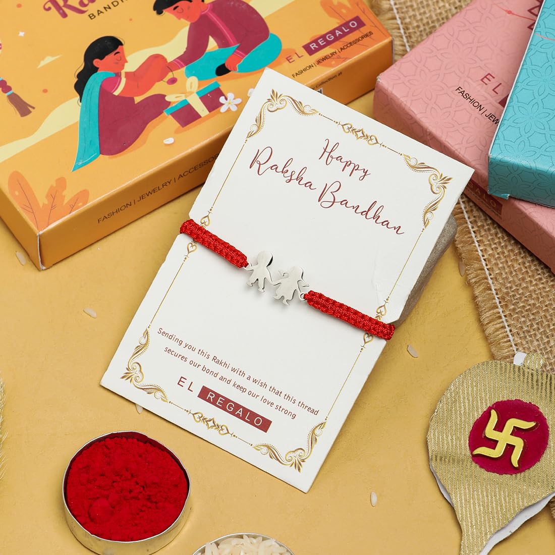 El Regalo 1PC Cute Brother Sister Bond Rakhi- Anti Tarnish Stainless Steel Brother-Sister Holding Hand Charm Rakhi with Roli Chawal, Message Card in Rakhi Gift Box
