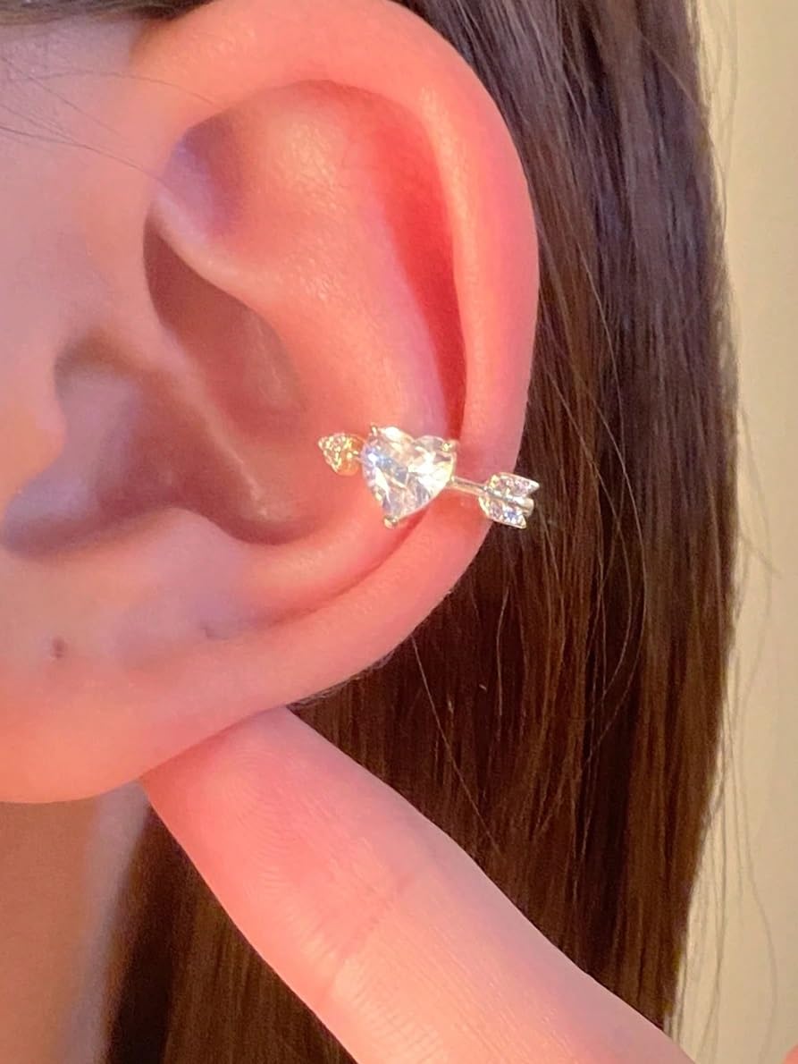 El Regalo 1pair Tiny Arrow Through Heart Shaped CZ Crystal Decor Clip-On Earring for Girls & Women, Non Piercing Cuff Heart Cartilage Earrings