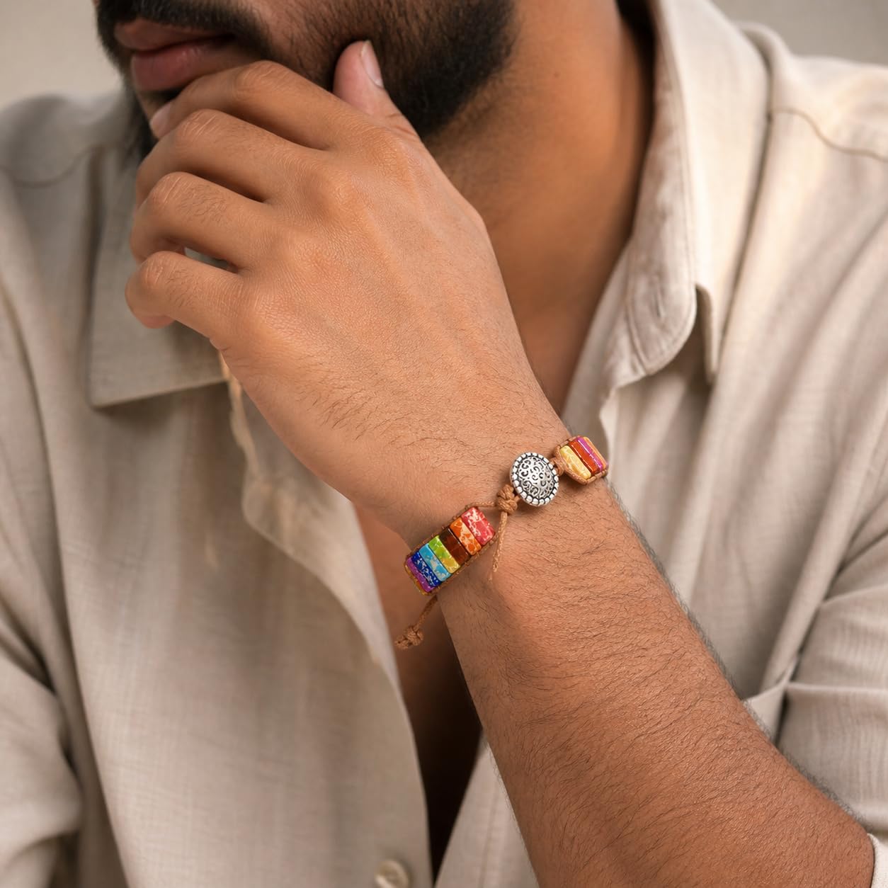 El Regalo Tibetan 7 Chakra Stone Bracelet Natural Assorted Gemstone Tube Beaded Braided Bracelet (Round)