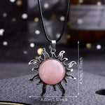 El Regalo Vintage Style Natural Stones Gothic Sun Pendant Unisex Necklace (Rose Quartz- Pink)