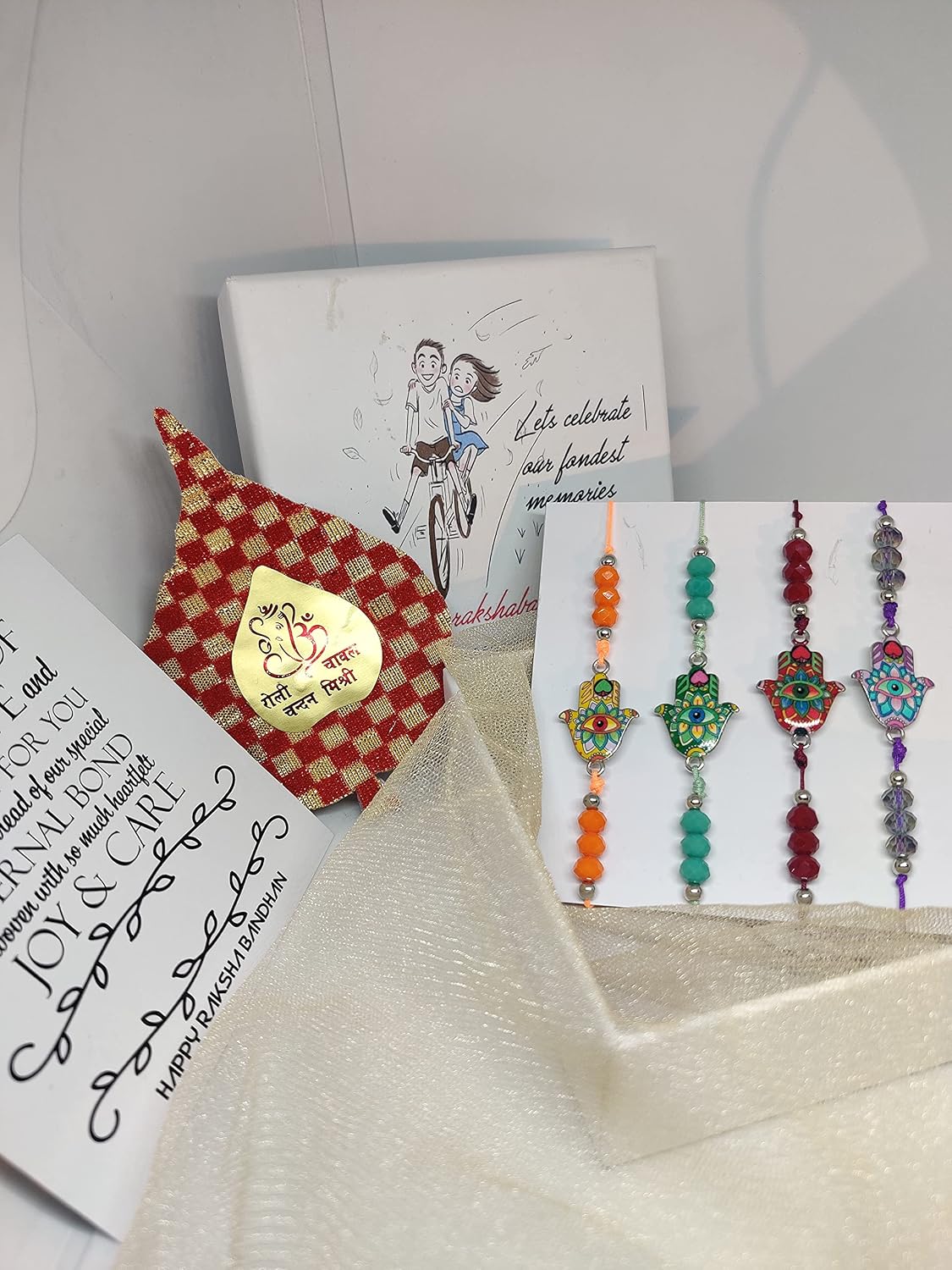 El Regalo Set of 4 Hamsa Hand Rakhi for bhaiya Bhabhi - Hand Painted Hamsa Hand Rakhi for Brother Bhai Bhabhi Bhaiya - Hamsa Nazar Amulet Thread Rakhis for kids and Adults Unisex (Option3)