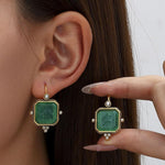El Regalo Elegant Vintage-Inspired Geometric Earrings for Women - Gold-Tone Square Earrings with Green Glass Stone & Imitation Pearl Drops - Festive & Party Jewelry (Emerald Green)