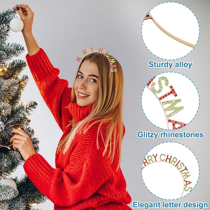 El Regalo Christmas Headbands for Women & Girls | Red & Green Rhinestone "MERRY CHRISTMAS" Letter Tiara | Festive Metal Hairband Crown for Xmas Parties, Photoshoots, Holiday Celebrations & Gifts
