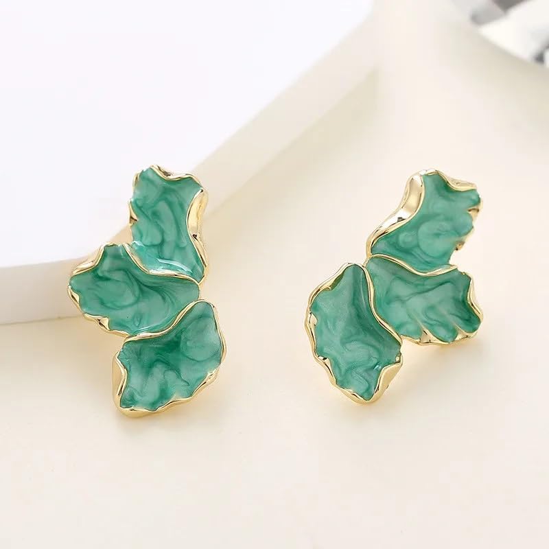 El Regalo Unique Irregular Enameled Flower Petal Stud Earrings- Trendy 3D Metal Flower Stud Earrings Statement Earrings (Green)