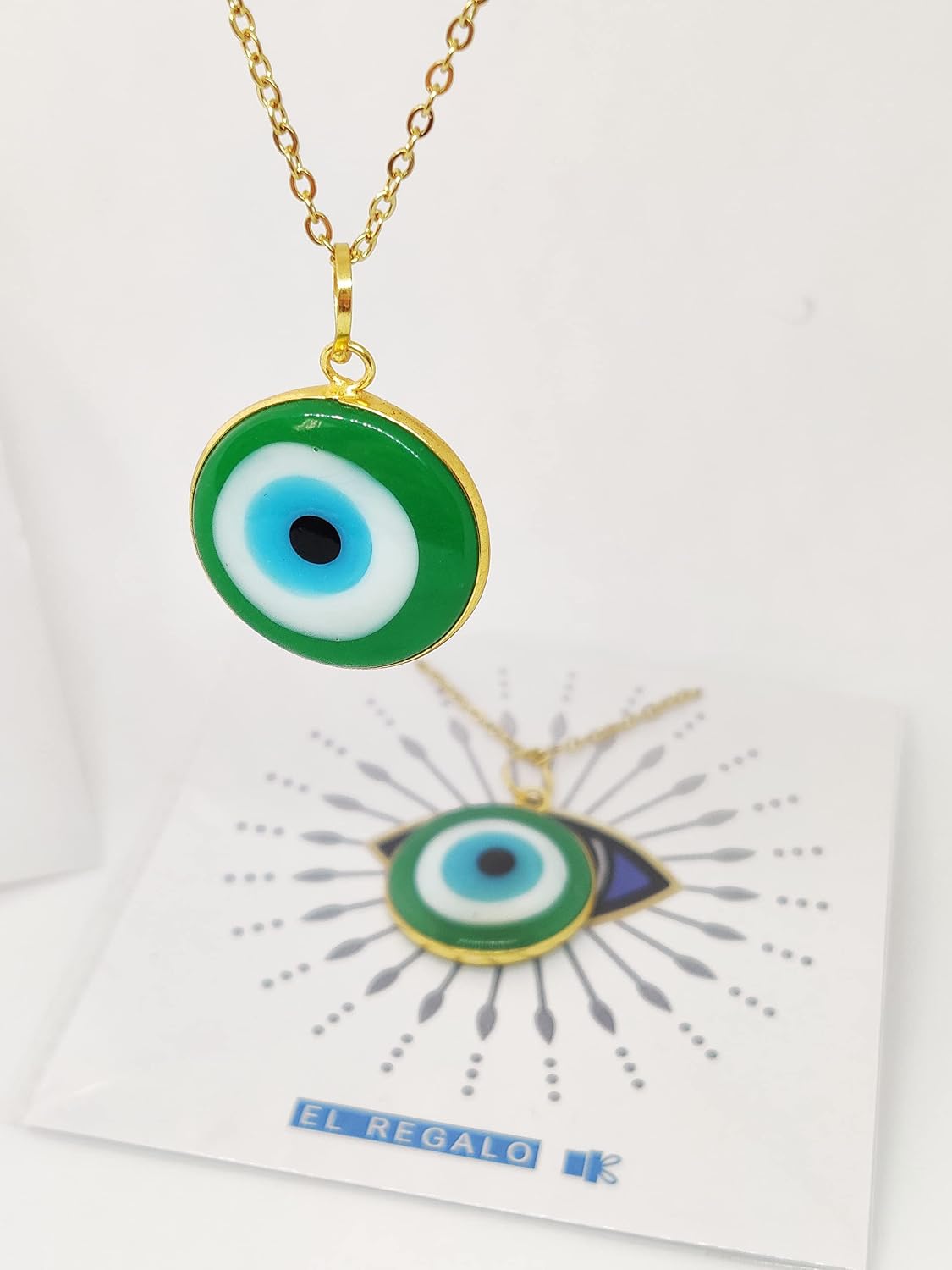El Regalo Big Evil Eye Handmade Glass Lamp work Unisex Pendant Necklace for Men, Women, Girls & Boys | Evil Eye Pendant Necklace (Green Golden)