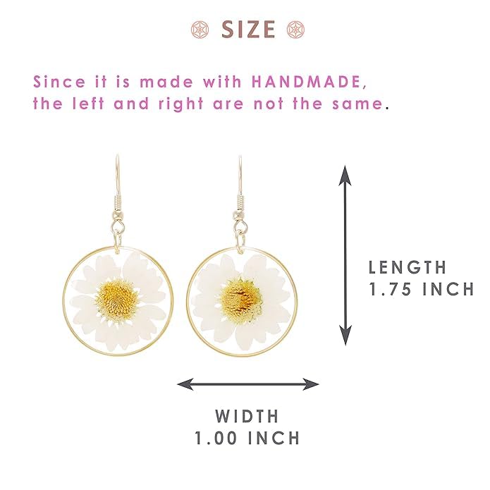 El Regalo Natural Pressed Daisy Flower Earrings- Handmade Nature Dry Flowers Earrings for Women Girls Teens (White)
