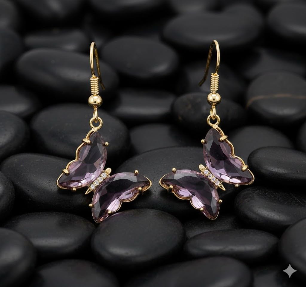 El Regalo Butterfly Drop Earrings for Women | Gold Plated Crystal Butterfly Dangle Earrings | Earrings for Girls | Cute Fashion Earrings (Purple)