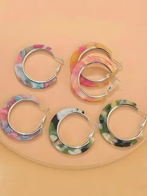 El Regalo 3 Pairs Acrylic Hoop Earrings for Women & Girls - Lightweight Colorful Resin Hoops Set - Boho Fashion Jewelry for Western & Casual Wear - Pack of 3 (Geometric C-Shape) (Option-2)