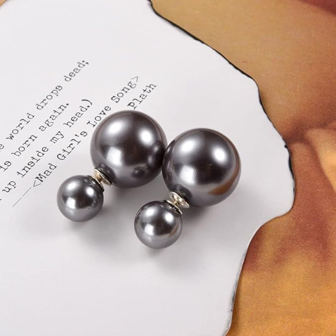 El Regalo 2 Pairs Pearls Earrings- Front & Back Double Sided Small & Big Simulated Pearl (White & Grey) Stud Earrings for Girls & Women