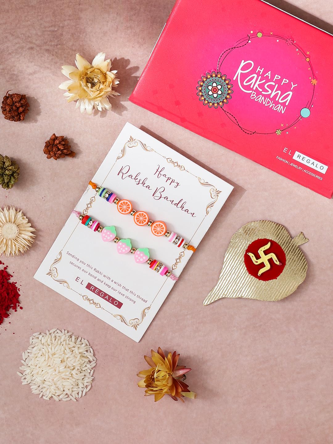 El Regalo 2PCs Cute Kids Fruits Beads Bracelet Rakhis Set for Brother/Bhai - Kids Rakhis with Roli Chawal in Gift Box - Adorable Fruit Charm Rakhis for Boys (Cute Rakhi Set-6)