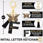 El Regalo Personalized Name Initials Butterfly Charm Keychain - Name Letter Keyring with Black & Golden Tassel & Butterfly Pendant, Purse, Bag, Backpack Accessory (F Letter)