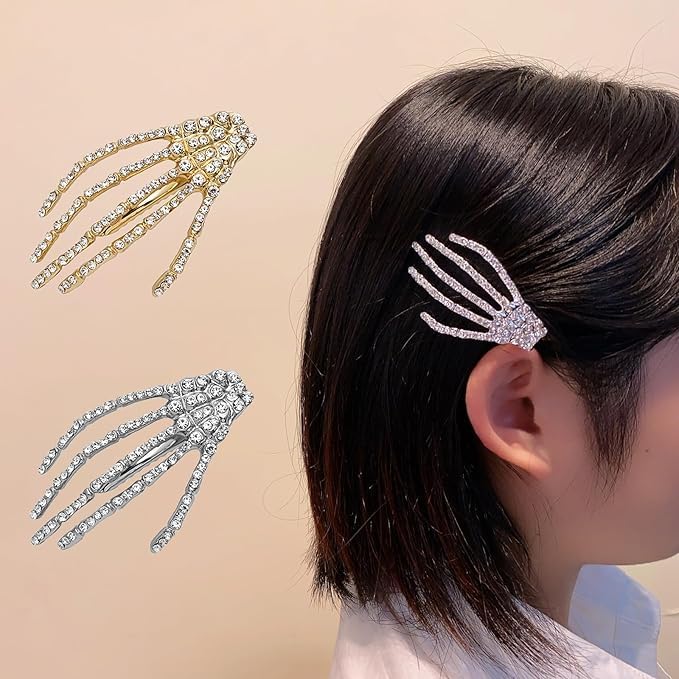 El Regalo 2PCs CZ Halloween Skeleton Hair Clips- Rhinestone Zombie Punk Rock Hand Hair Clip- Alligator Claws Barettes Clips- Halloween Costume/Accessories for Girls/Women (1 Gold 1 Silver)
