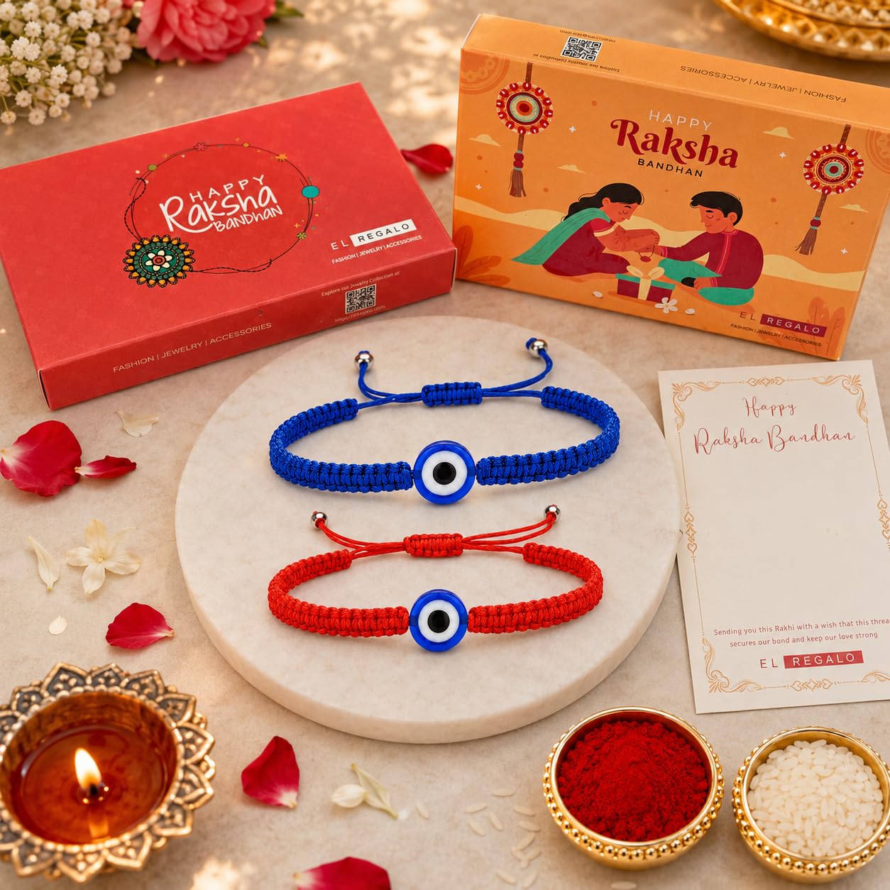 El Regalo Evil Eye Rakhi Combo for Brother - 2 PCs Lucky Kabbalah Blue Turkish Evil Eye Hamasa Hand Red Macrame Rakhi Set for Bhaiya/Bhai/Brother (Evil Eye Rakhi Set- Style 3)