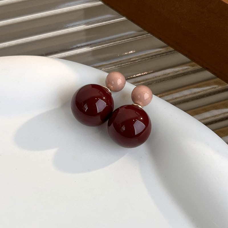 El Regalo 1 Pair Candy Colors 2 Way Beads Earrings- Front-Back Color Clossy Beads Contemporary Earrings for Girls & Women (Beige Red)