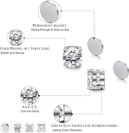 El Regalo 4 Pairs Stainless Steel Magnetic Unisex Stud Earrings for Men Women- CZ Non-Piercing Clip On Stud Earrings Set (Silver)