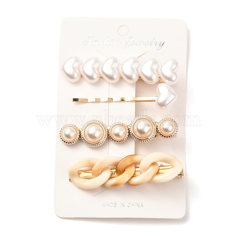 El Regalo 4PCs Imitation Pearl Heart Alligator/Bobby Hair Clips Sets- Acrylic & Resin Fancy Hair Clips/Hair Accessories for Girls & Women