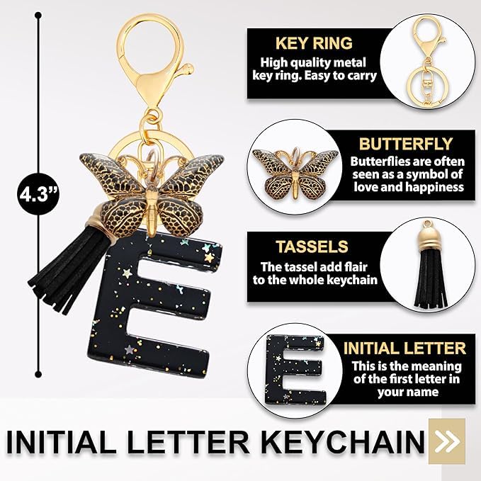 El Regalo Personalized Name Initials Butterfly Charm Keychain - Name Letter Keyring with Black & Golden Tassel & Butterfly Pendant, Purse, Bag, Backpack Accessory (E Letter)