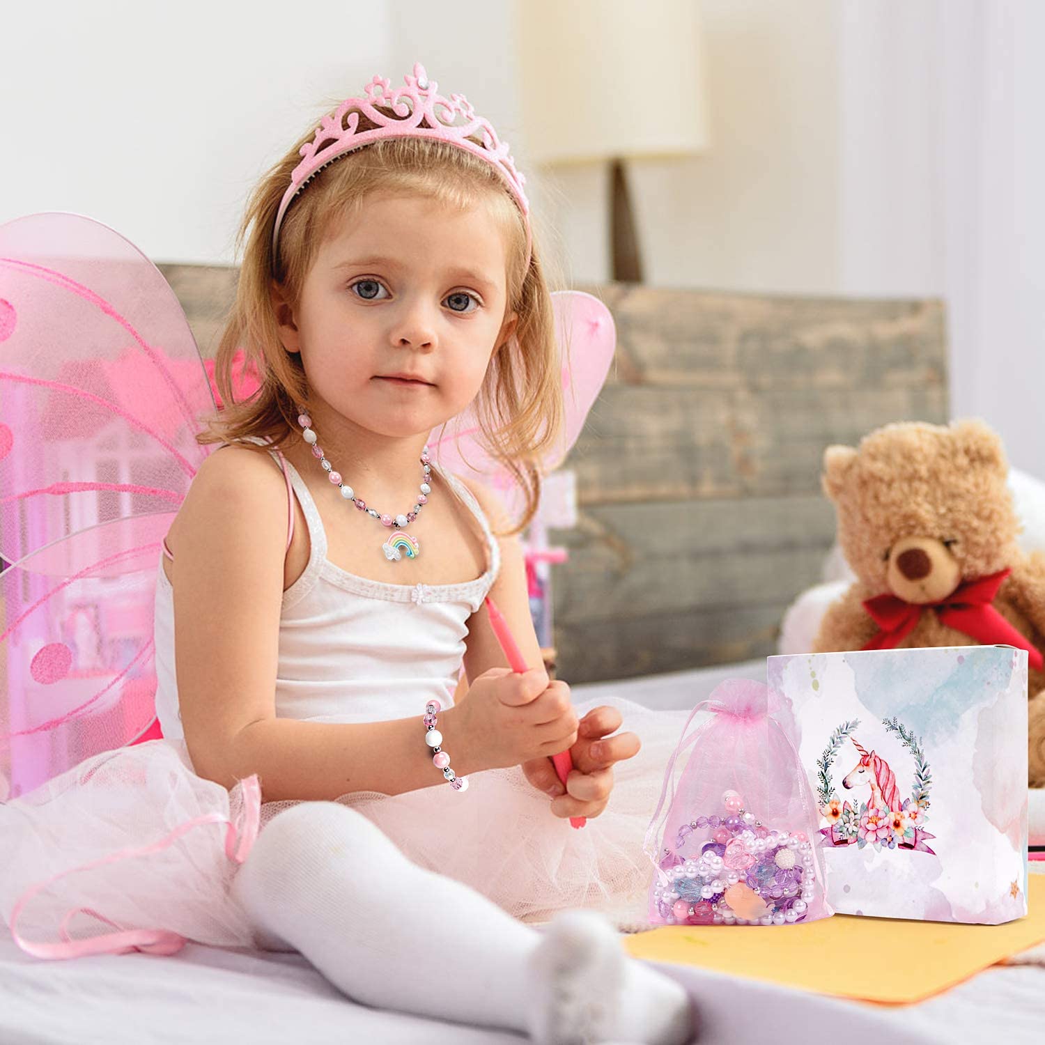 El Regalo 3 Sets Girl Princess Necklaces & Bracelets With Colorful Unicorn, Mermaid, Rainbow Pendant Kids Stretchy Chunky Costume Jewelry Gifts Party Favors Dress Up Friendship Jewelry