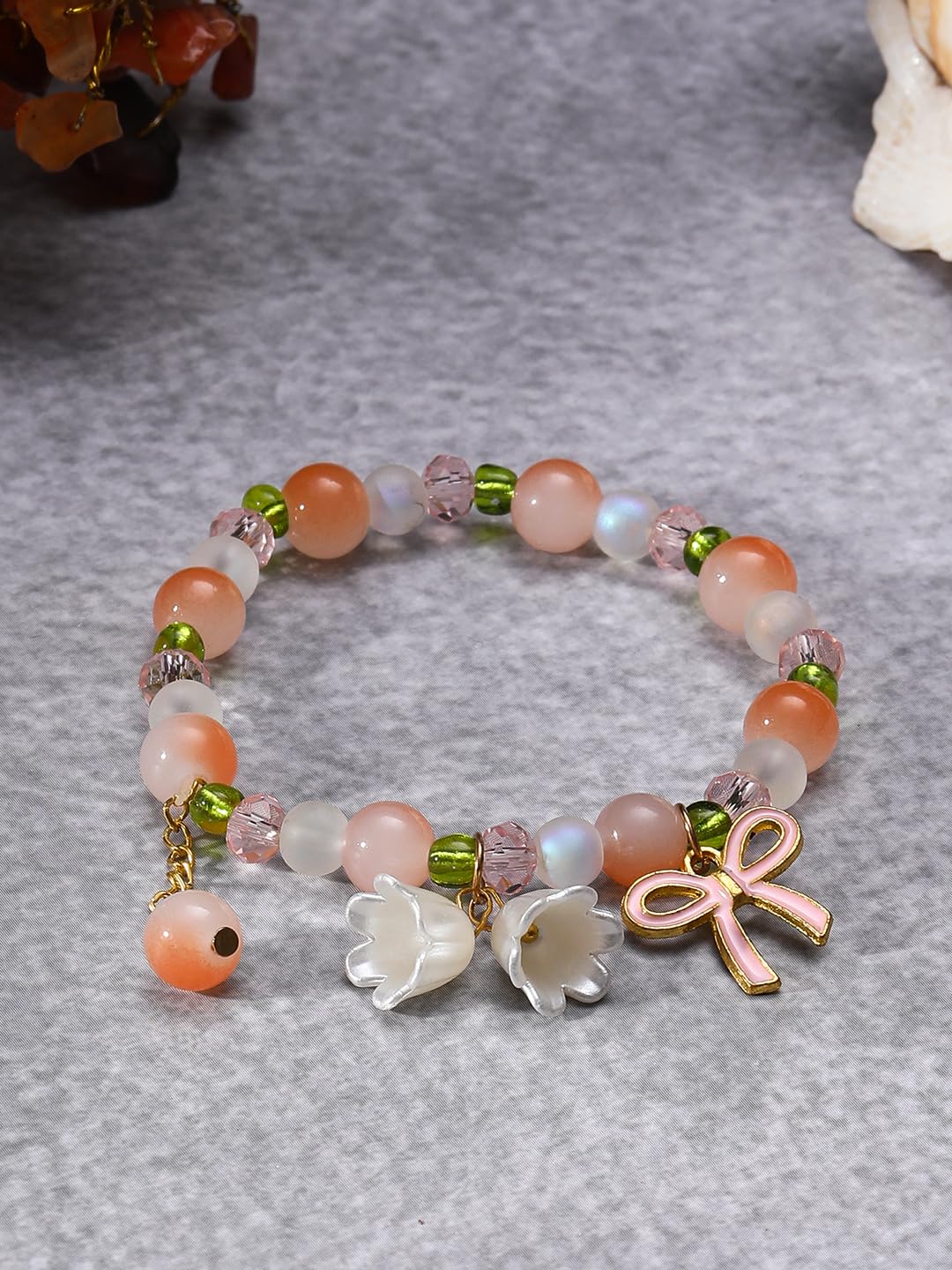 El Regalo Exquisite Lily Flower & Blow Glass Beads Bracelet - Cute Lily Of The Valley Flower Beaded Bracelet, Transparent Gradient Beaded Bow Bracelet For Teen Girls (Gradient Peach)