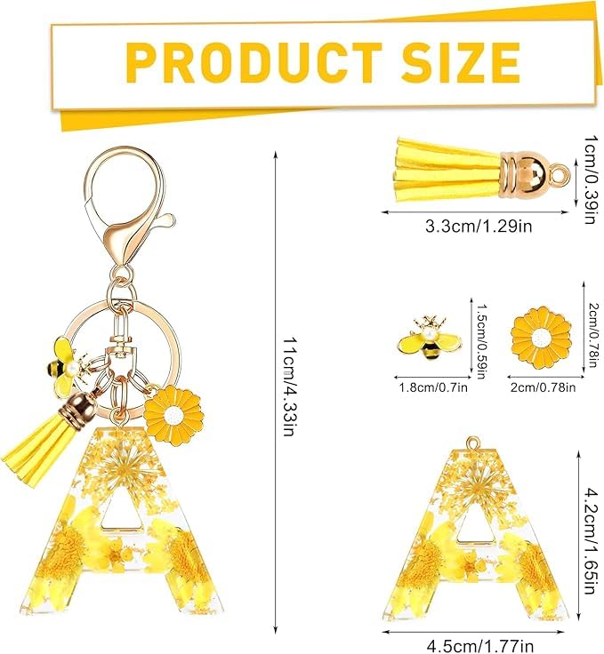 El Regalo Personalized Name Initials Natural Flowers & Bee Charm Keychain - Custom Letter Keyring with Daisy Flower & Honey Bee Pendant, Purse, Bag, Backpack Accessory (Letter A)