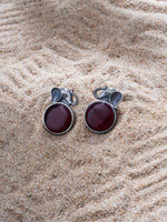 El Regalo 1Pair Oxidized German Silver Ganesha Elephant Stone Stud Earrings- Handcrafted Unique Earrings with Color Stone Options (Red)