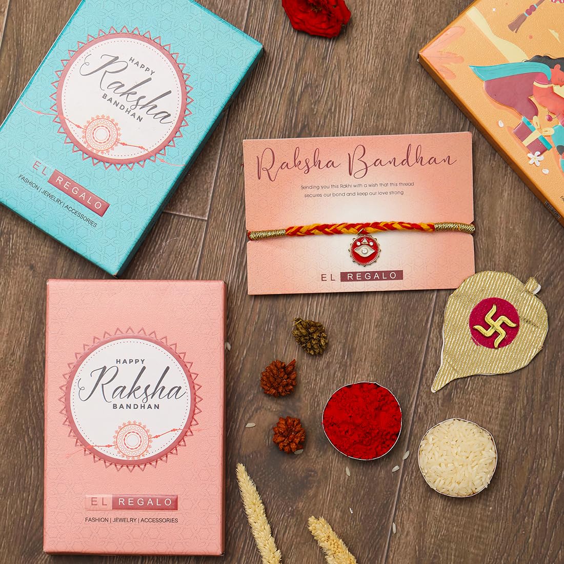 El Regalo 1 PC Moli Rakhi for Bhaiya - Rakshabandhan Moli Charms Rakhi with Message Card & Roli Chawal Shagun in Rakhi Box (Red Evil Eye Moli Rakhi)