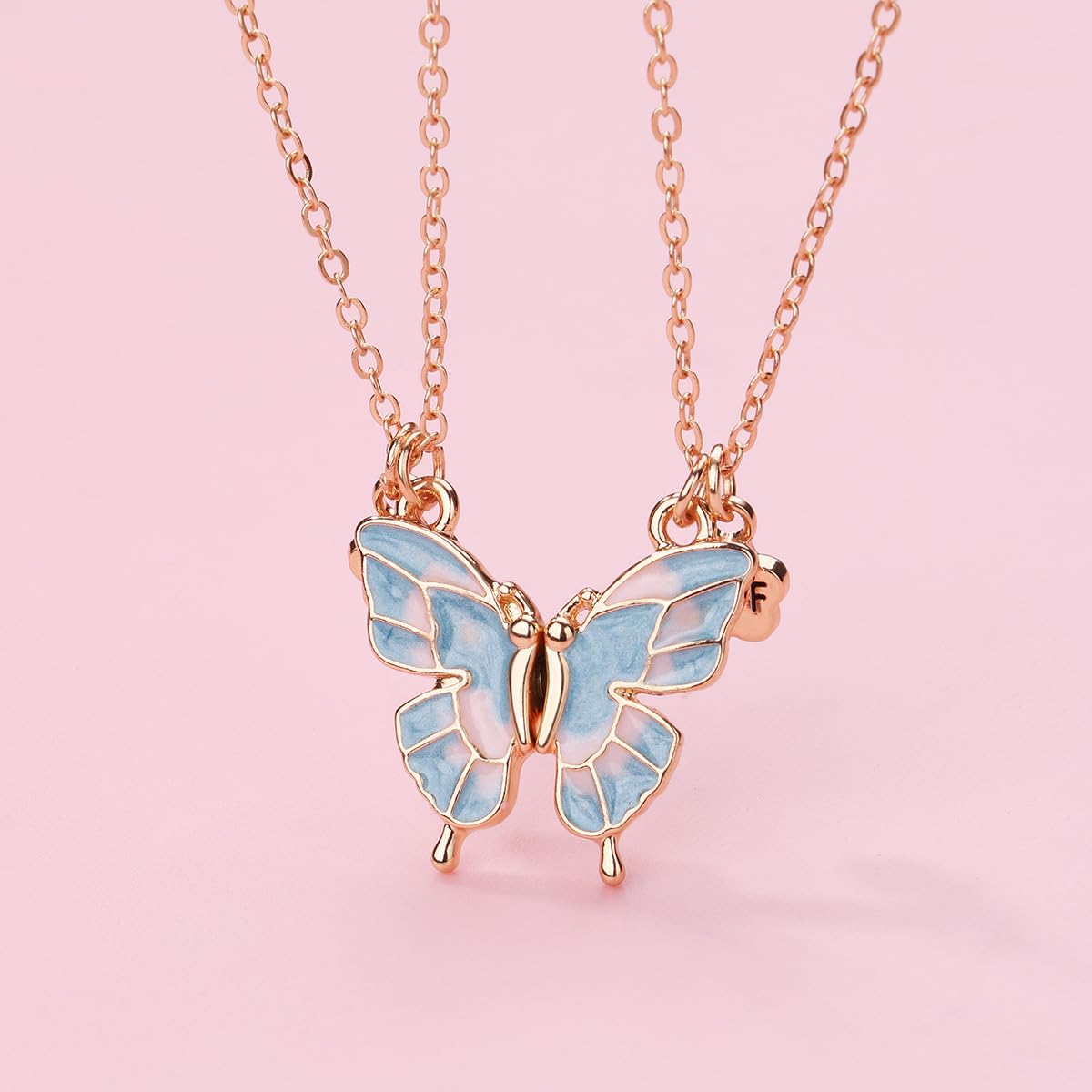 El Regalo 2 PCs BFF Best Friend Forever Butterfly Split Magnetic Matching Pendant Necklaces Set- Friendship Day Gift for Girls/Kids/Teens (Blue Butterflies Golden)