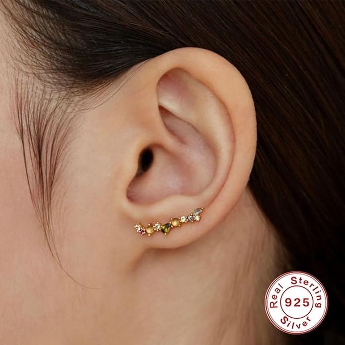 El Regalo Elegant Multi-Colour Crystal Crawler Earrings for Women & Girls- Gold Plated Curve Ear Line Climber Earrings