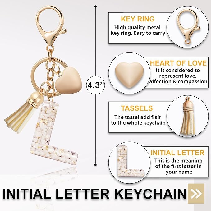 El Regalo Name Initials Letter Heart Charm Keychain - Personalized Resin Initial Keyring with Tassel, Cute & Durable Backpack Charm for Women & Girls (L Letter)