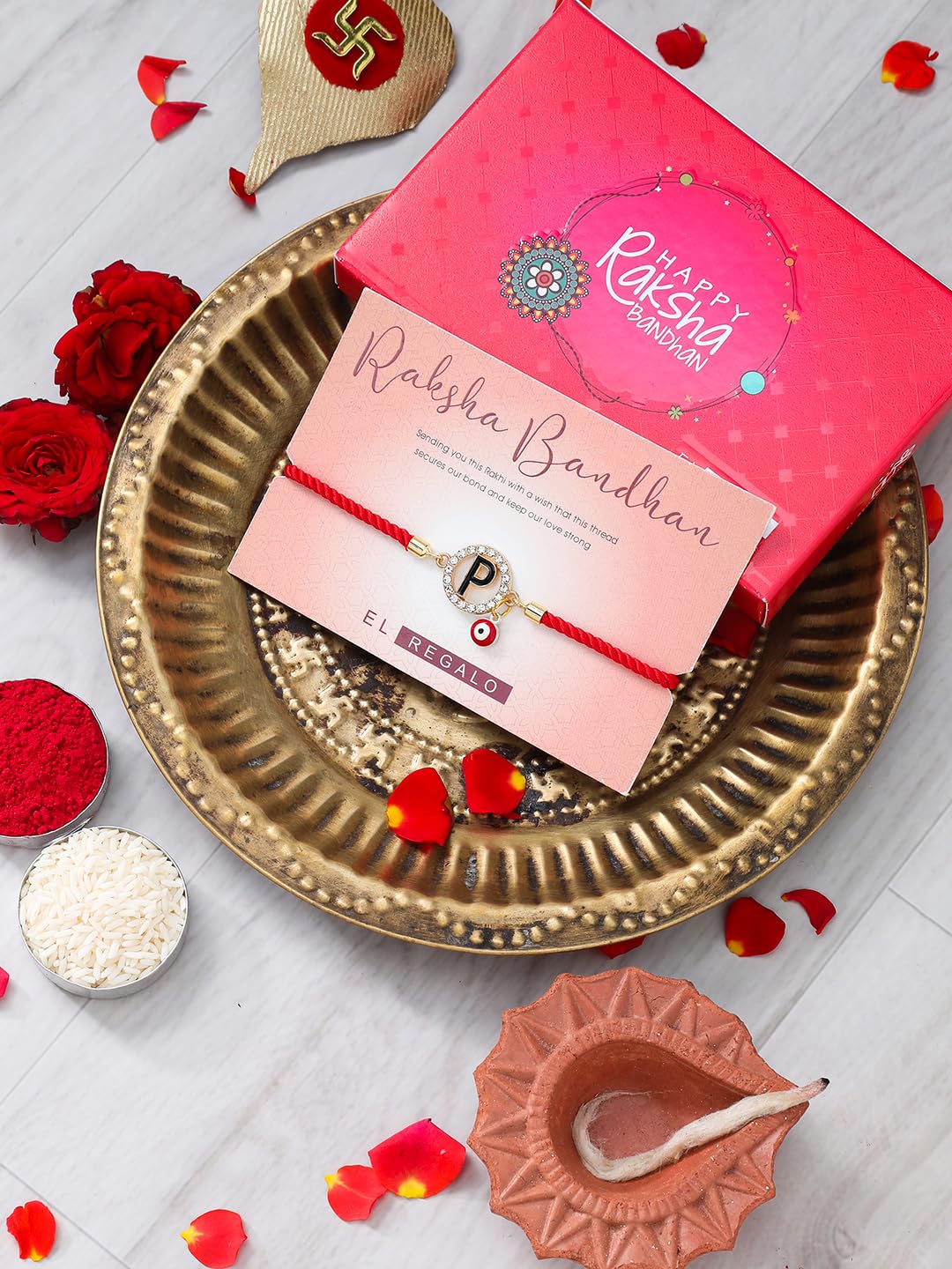 El Regalo Name Initials Evil Eye Bracelet Rakhi for Brother- Name Letter CZ Rakhi with Roli Chawal, Message Card in Rakshabandhan Box for Bhai (Red- P)