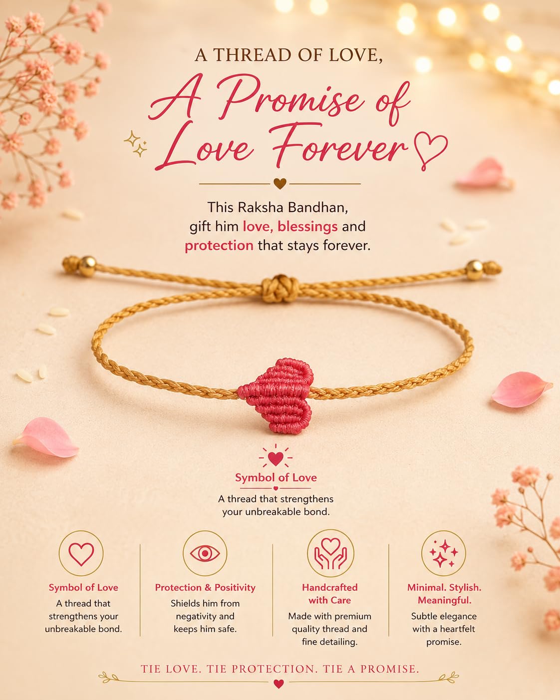 El Regalo Simple Heart Bracelet Rakhi for Brother - Handwoven Adjustable Macrame Rakhi with Roli Chawal | Minimalist Rakshabandhan Bracelet for Bhai in Elegant Rakshabandhan Box (Pink)