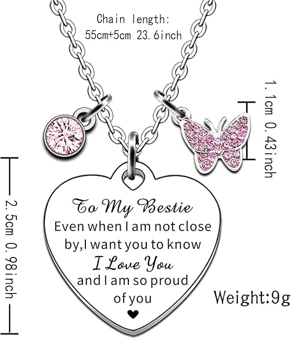El Regalo "To My Best Friend/To My Bestie Heart Pendant Necklace for Kids, Girls, Women - Stainless Steel, Anti-Tarnish, Waterproof, CZ Charm & Butterfly Embellished Necklace (To My Bestie)