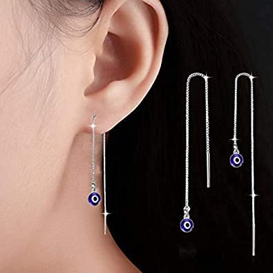 El Regalo Evil Eye Threader Earrings for Girls & Women | Blue Evil Eye Threader Long Drop Ear Line Dangle Earrings for Girls & Women