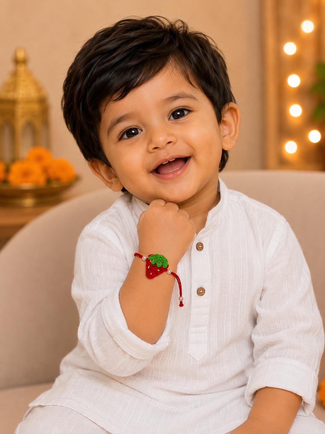 El Regalo Kids Rakhi- Crochet handmade Rakhis for Little Brother/Niece/Nephew with shagun, Message Card in Gift Box- for Kids/Babies/Toddlers (Strawberry)