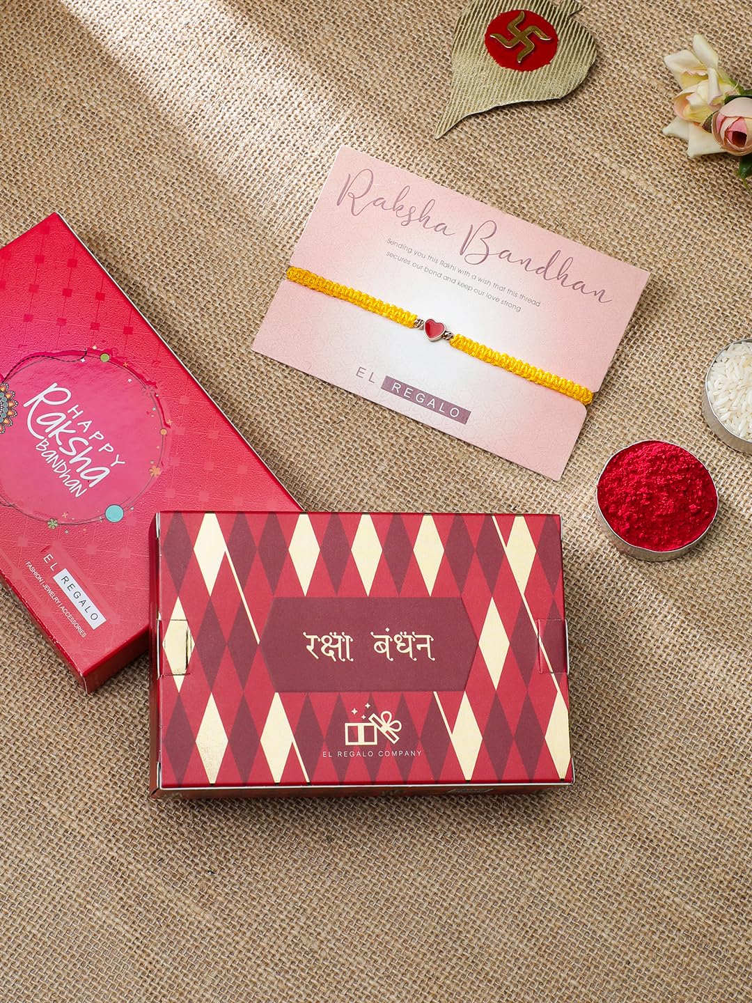 El Regalo 1PC Elegant Heart Bracelet Rakhi for Brother/Bhai with Roli-Chawal & Rakhi Gift Box - Handwoven, Minimalist Design & Beautifully Packed (Yellow)