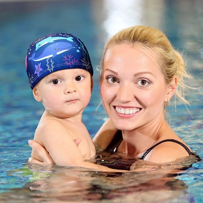 El Regalo 1PC Cute Cartoons/Animal Printed Kids/Babies Swimming Cap (1-6 Years Old) Comfortable Breathable Polyester Fabric Swimming Caps (Not Waterproof) (Dark Blue Dlphins)