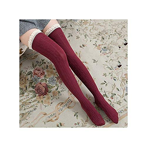 El Regalo Women Cotton Knit Boot Socks, Knee High Tube Socks with Lace Trim for women & Teens (Maroon)