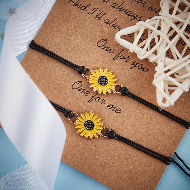 El Regalo Unisex 2 Pcs Sunflower Bracelets Set- Handmade Boho Sunflower Daisy BFF Friendship Bracelets Adjustable Braided Rope Pinky Promise Bracelets (Black)