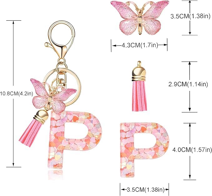 El Regalo Personalized Name Initials Butterfly Charm Keychain - Custom Letter Keyring with Pink Tassel & Butterfly Pendant, Purse, Bag, Backpack Accessory (P Letter)