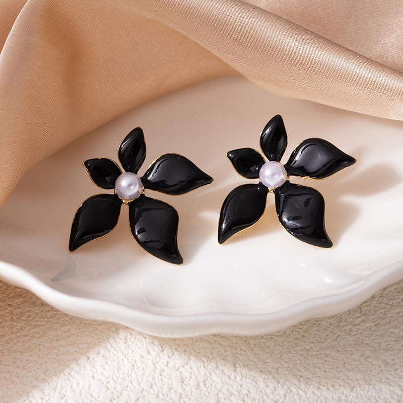El Regalo 1Pair Stainless Steel Flower Pearl Earrings for Girls & Women | Gold Plated Retro Vintage Floral Enamel Stud Earrings | Anti-Tarnish Hypoallergenic Earrings | Cute & Elegant Studs (Black)