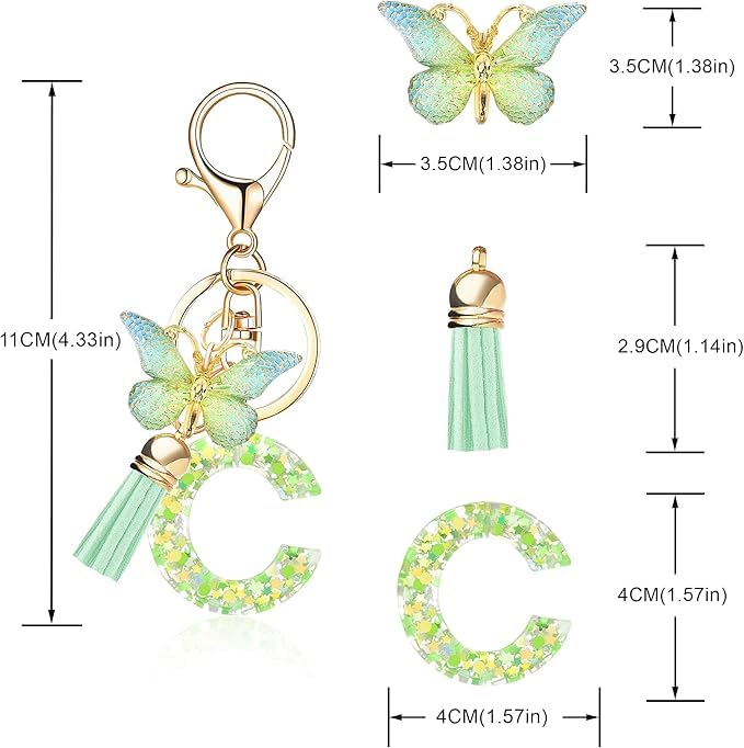 El Regalo Personalized Name Initials Butterfly Charm Keychain - Name Letters Keyring with Green Butterfly & Stars Filled Resin & Tassel Pendant, Purse, Bag, Backpack Accessory (Letter C)