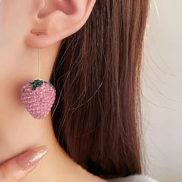 El Regalo 3D Rhinestone Strawberry Statement Earrings for Women & Girls | Handcrafted Crystal Fruit Drop Dangle Earrings | Fancy & Elegant Western Fashion Jewellery (Pink)