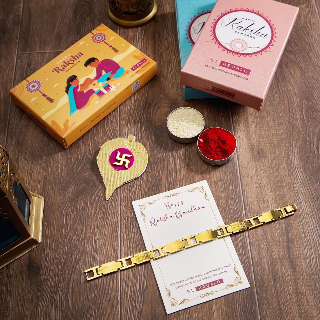 El Regalo 1 PC Designer Stainless Steel Bracelets Rakhi for Brother | 1 PC Anti Tarnish Chain Rakhi with Roli- Chanwal, Message Card in Rakhi Gift Box for Bhai/Bhaiya (Option-7)
