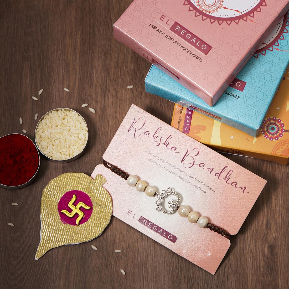 El Regalo 1PC Vintage Style Statement Rakhi for Bhai/Brother/Niece/Nephew - Designer Rakhi with Roli-Chawal Shagun Pack, Rakhi Message Card in Rakhi Gift Box (Coffee)