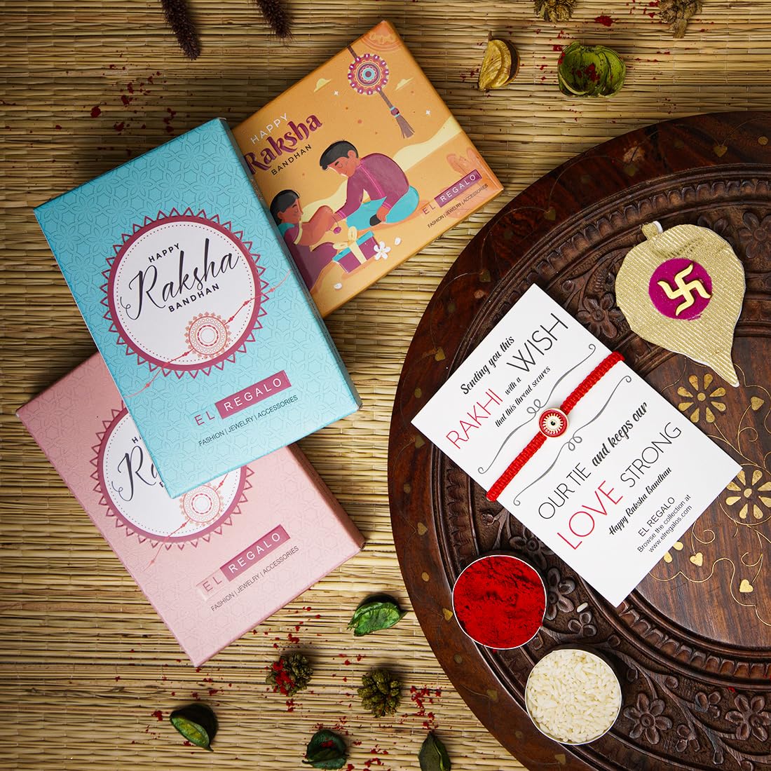 El Regalo Fancy Red Evil Eye Rakhi for Brother/Bhai- Designer Evil Eye Rakhi for Brother with Roli Chawal, Rakhi Message Card in Rakhi Gift Box (Red Evil Eye)