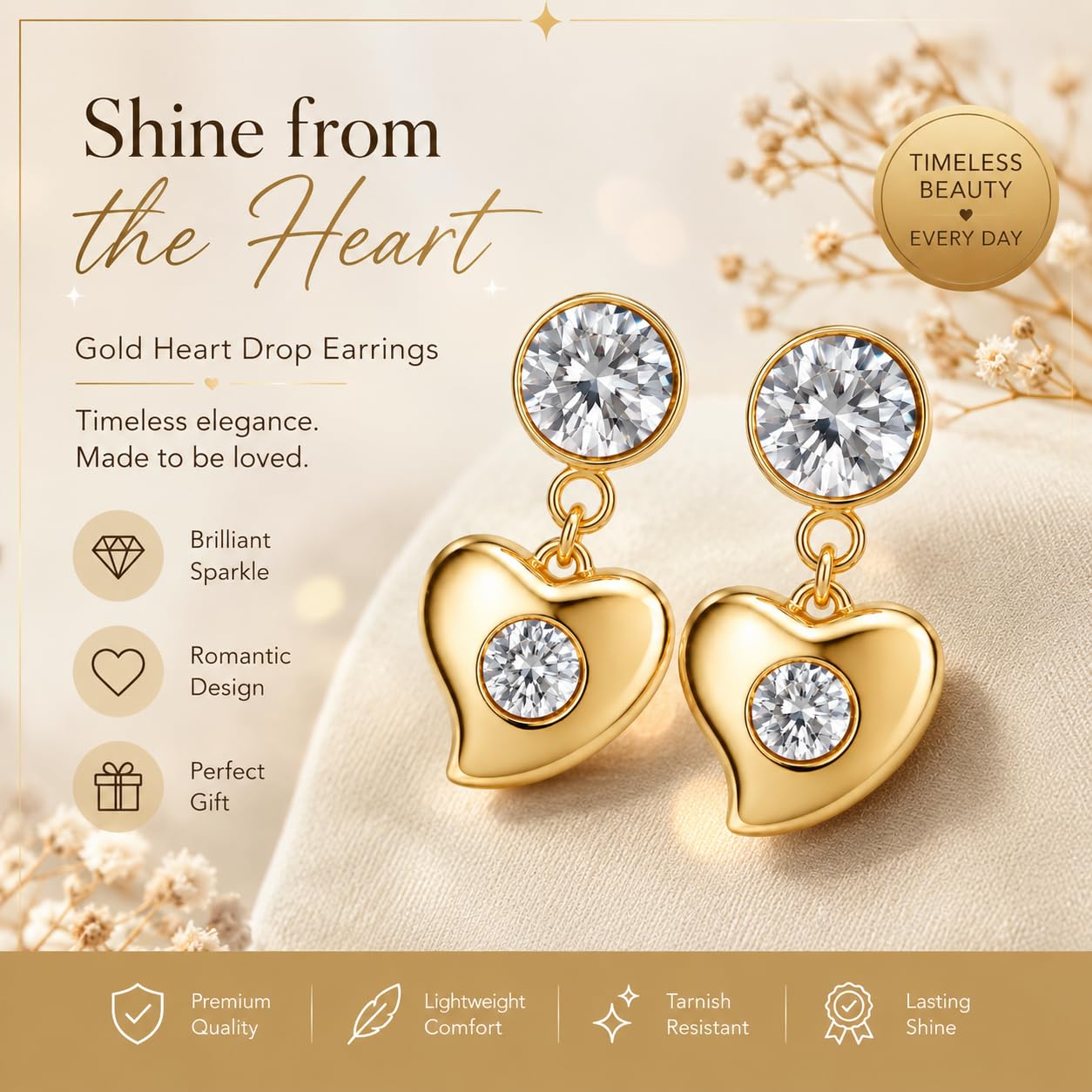 El Regalo Luxury 18K Gold Plated Stainless Steel Earrings for Women & Girls | Premium CZ Studded Anti-Tarnish Drop Earrings | Romantic Heart & Star Western Jewelry Gift Set (Star Earrings)