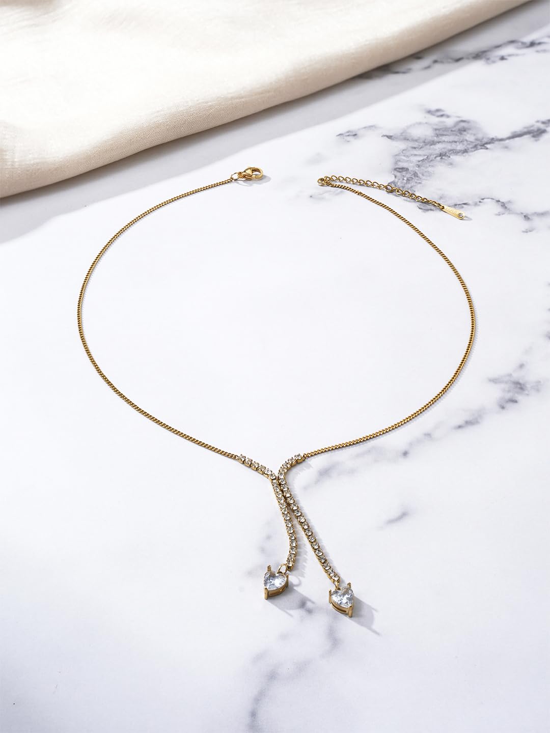 El Regalo Heart Zircon Pendant Necklace for Women- Stainless Steel, 18K Gold Plated CZ Tennis Y Tassel Necklace (White)