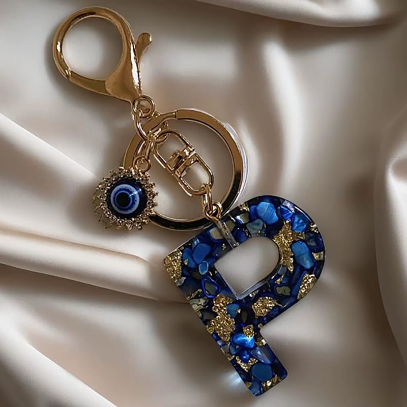 El Regalo Royal Blue Evil Eye Keychain Name Initial Letters- Alphabet Letter Keyring with Evil Eye Charm - Unisex Stylish Bag Charm, Keyring, Gift for Friends & Family (P Letter)